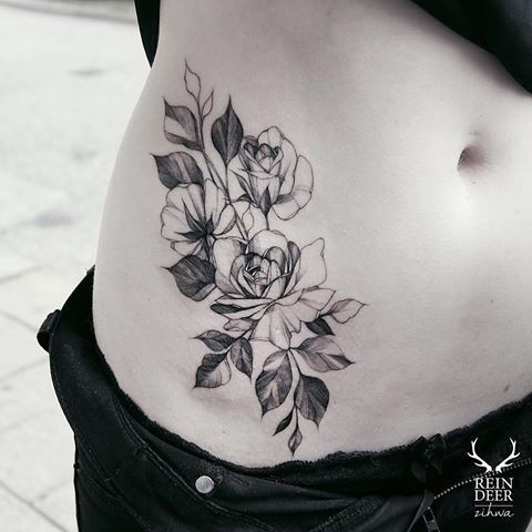Usual looking blackwork style painted by Zihwa tattoo of cute roses