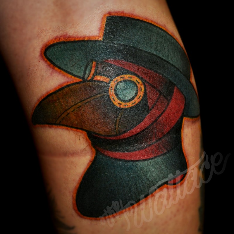 Usual old school style tattoo of plague doctor on leg