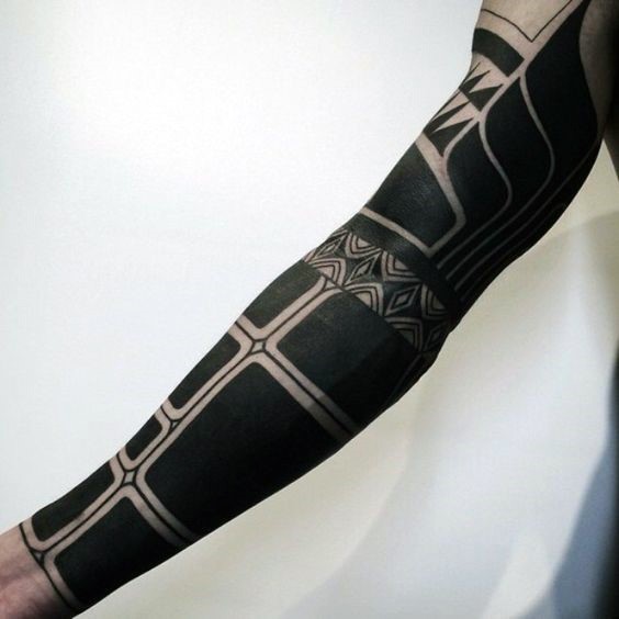 Usual simple designed black ink tribal ornaments tattoo on sleeve
