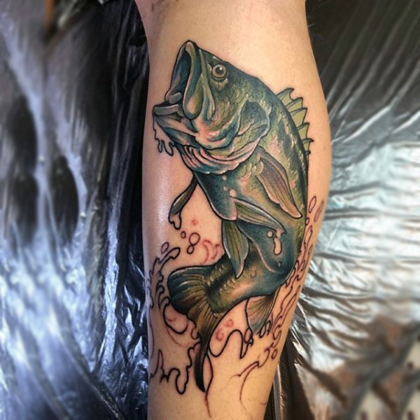Usual style painted colored fish tattoo on leg
