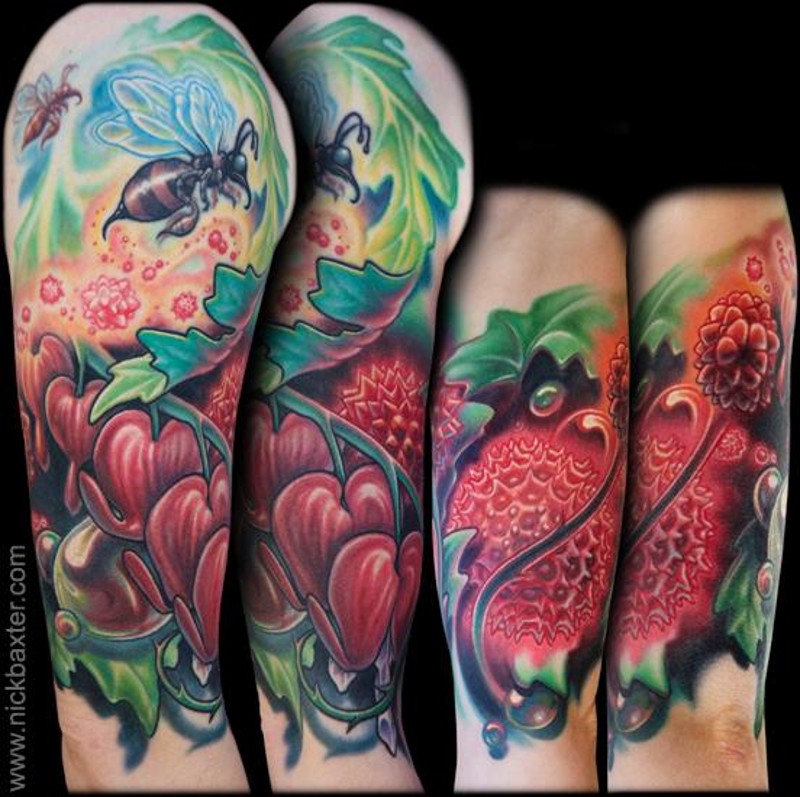 Very beautiful colored shoulder tattoo of various berries and bees