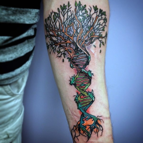 Very beautiful designed and colored DNA with tree tattoo on arm