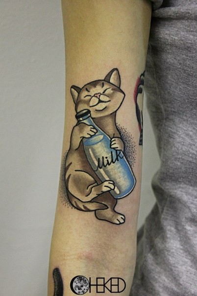Very beautiful looking colored arm tattoo of cat with milk