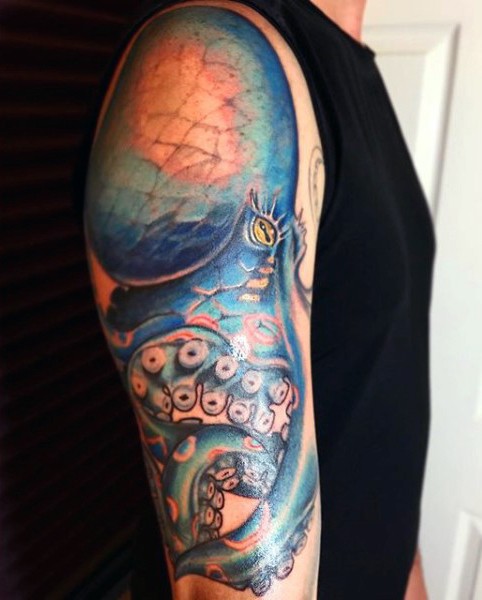Very beautiful multicolored octopus tattoo on arm