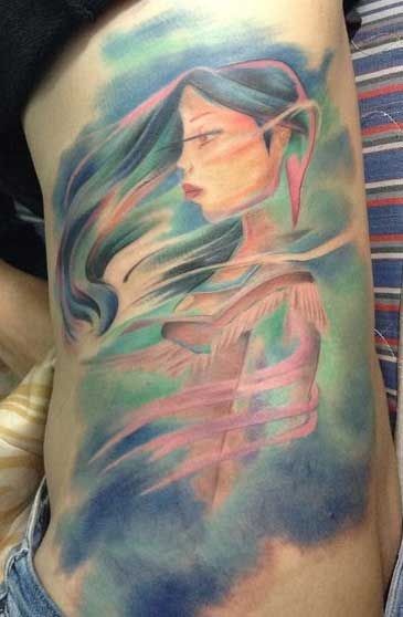 Very beautiful painted and colored Asian woman tattoo on side