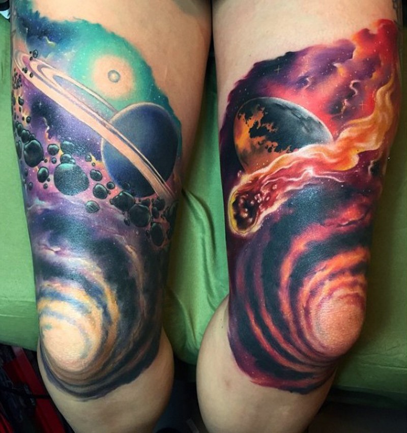 Very beautiful painted colored open space tattoo on thighs