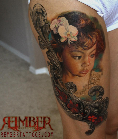Very beautiful painted colored thigh tattoo of cute girl portrait with flowers