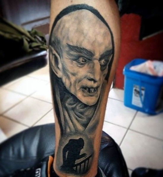 Very cool black ink old horror movie vampire tattoo on leg