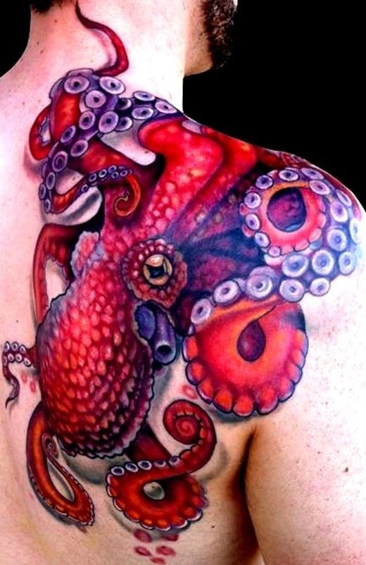 Very cool painted big octopus tattoo on shoulder