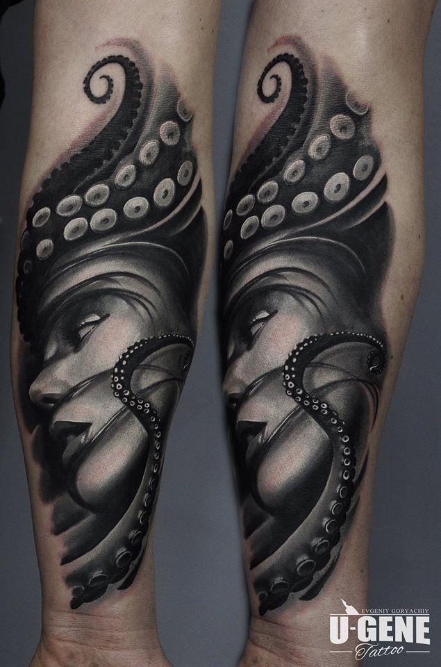 Very detailed colored octopus woman tattoo on leg