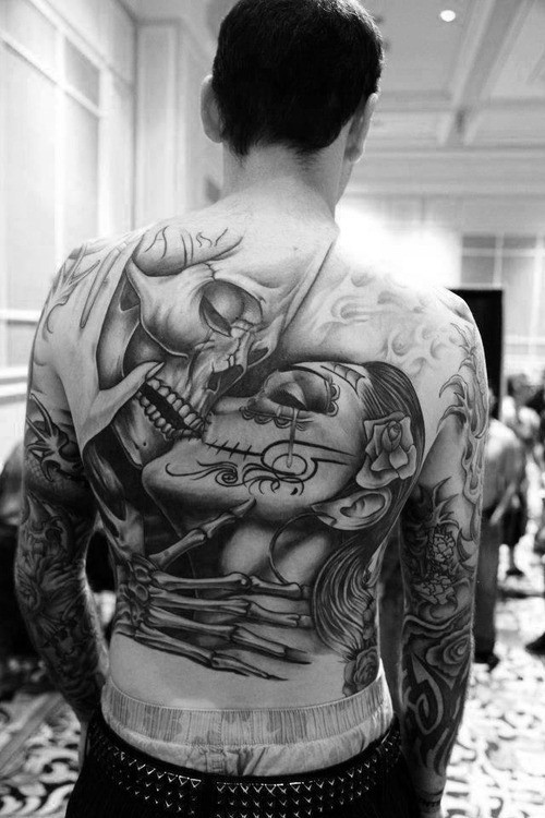 molto dettagliato massiccio bianco e nero coppia scheletro messicano tatuaggio pieno di schiena