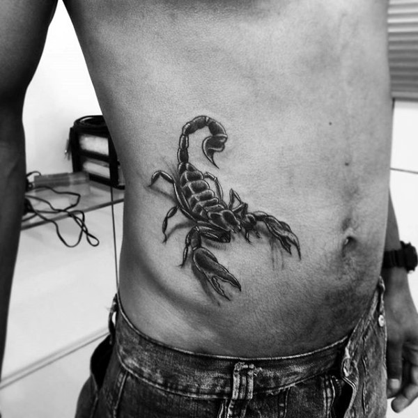 Very nice looking black ink 3D like scorpion tattoo on waist
