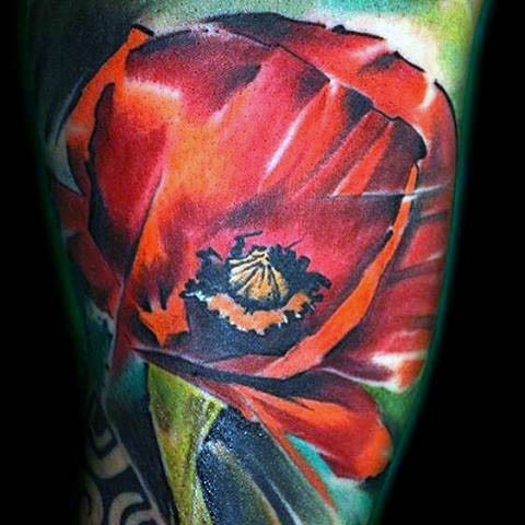 Very nice painted natural looking flower tattoo on thigh