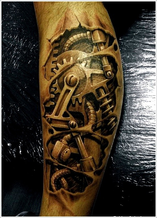 Very realistic 3D black and white mechanic tattoo on leg