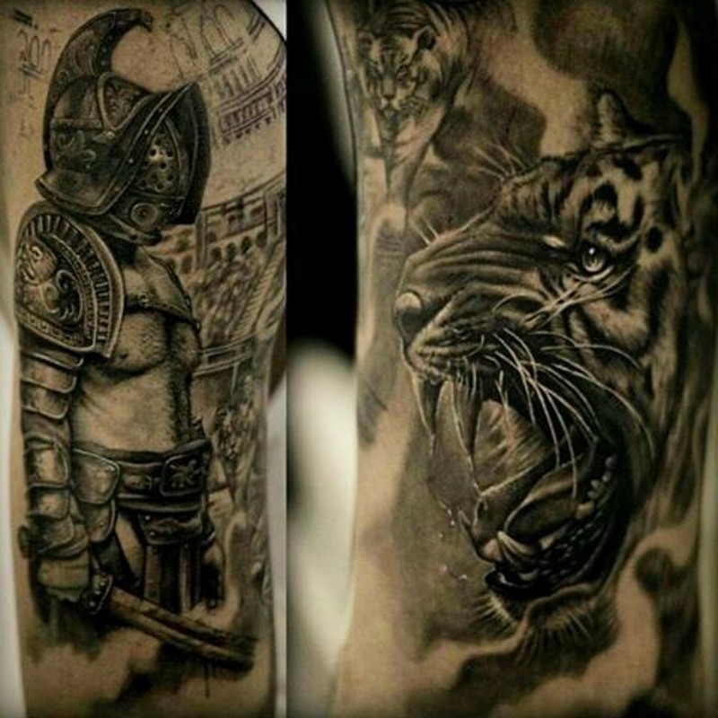 Very realistic black and white detailed shoulder tattoo of gladiator with tiger