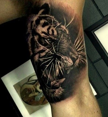 Very realistic detailed roaring angry tiger tattoo on arm