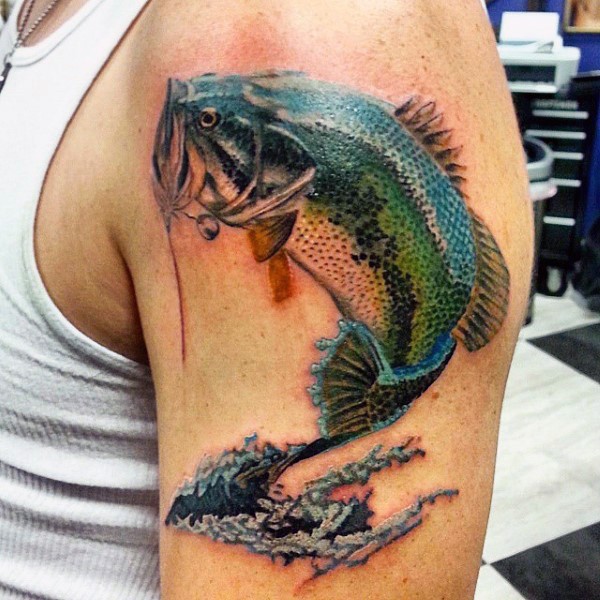 Very realistic looking 3D colored carp fish tattoo on shoulder area