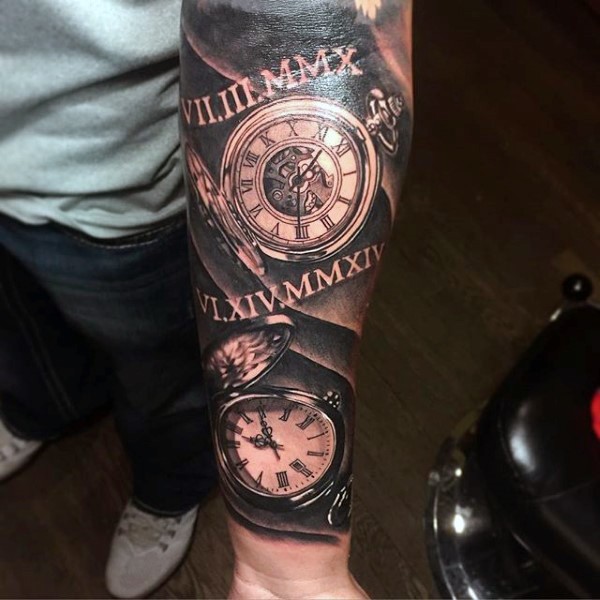 Very realistic looking black and white various pocket clocks tattoo on sleeve