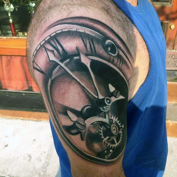 Very realistic looking colored antic mechanic clock tattoo on shoulder