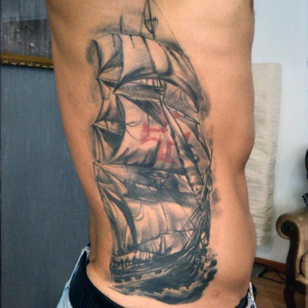 Very realistic looking colored English ship tattoo on side