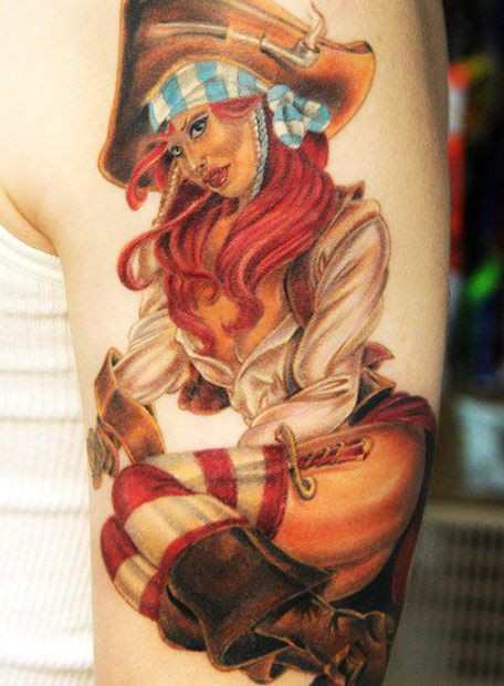 Very realistic looking colored seductive prate lady tattoo on arm