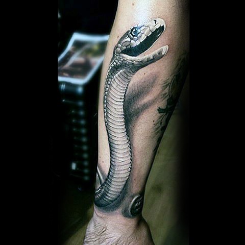 Very realistic looking colored snake tattoo on arm