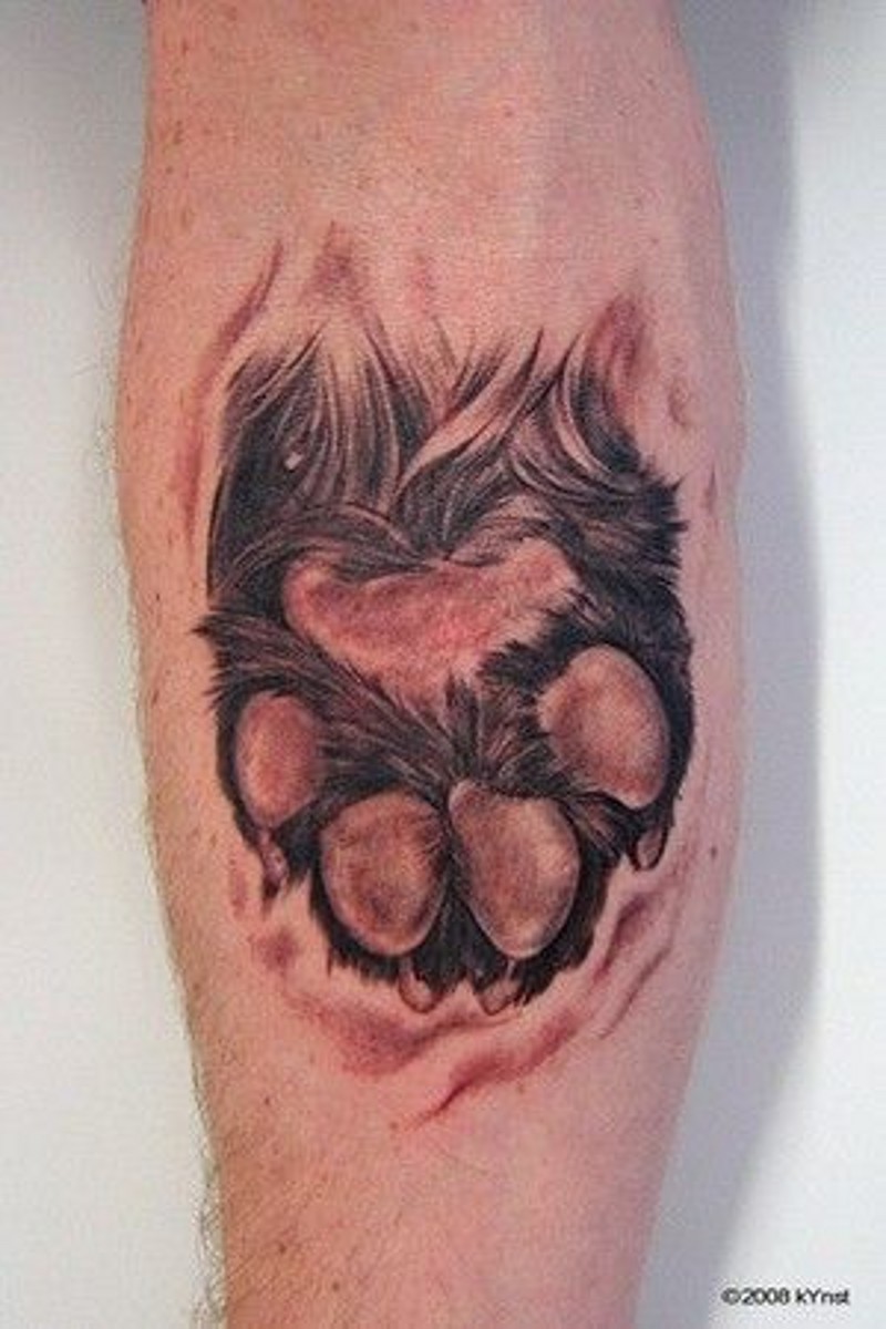 Very realistic looking little colored animal paw tattoo on arm