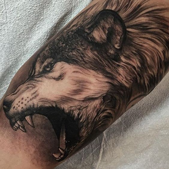 Mirada muy realista con un tatuaje detallado de lobo rugiente
