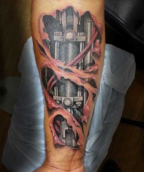 Very realistic looking multicolored biomechanical tattoo on arm