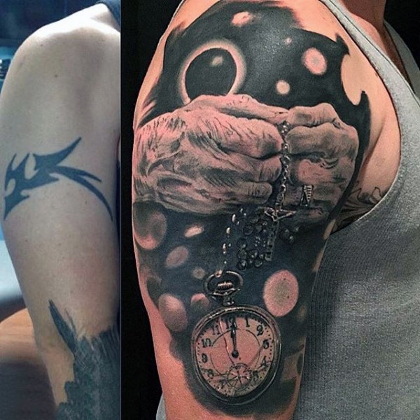 Very realistic looking old hands with chained cross and broken clock shoulder tattoo