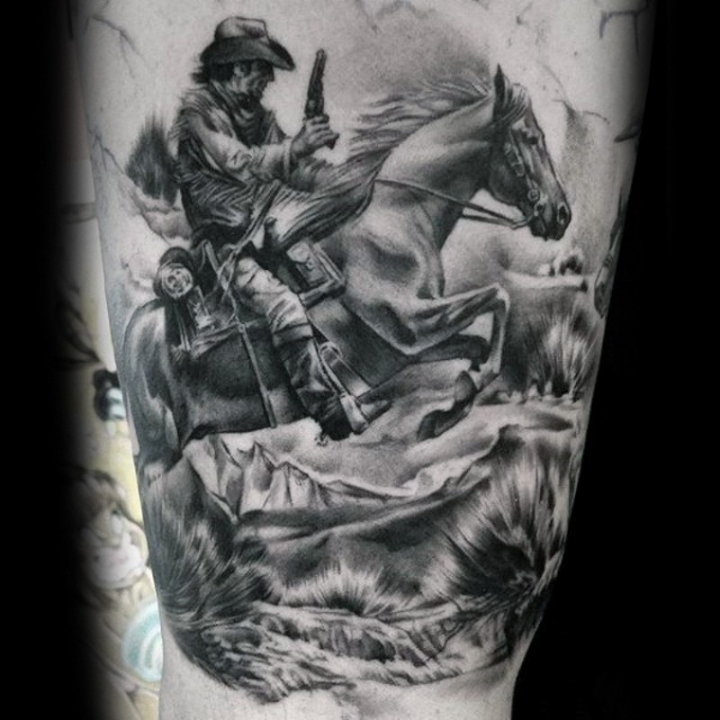 Very realistic looking old western movie like gunfight tattoo on thigh