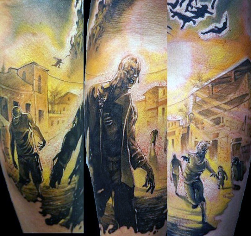 Video game themed colored zombie world tattoo on forearm