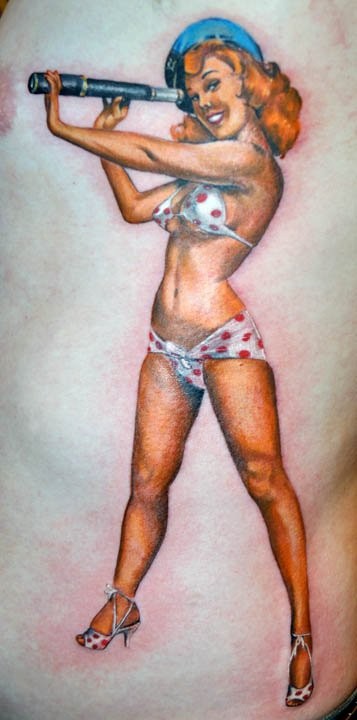 Vintage bikini pin up girl tattoo by Joey Hamilton