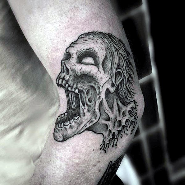Tatuaje  de cabeza de zombi tremend, colores negro blanco