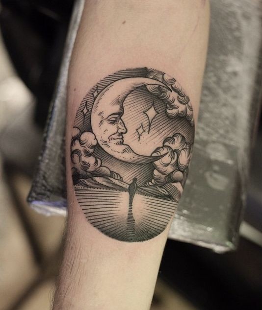 Vintage black ink lonely walking person tattoo on arm with big moon