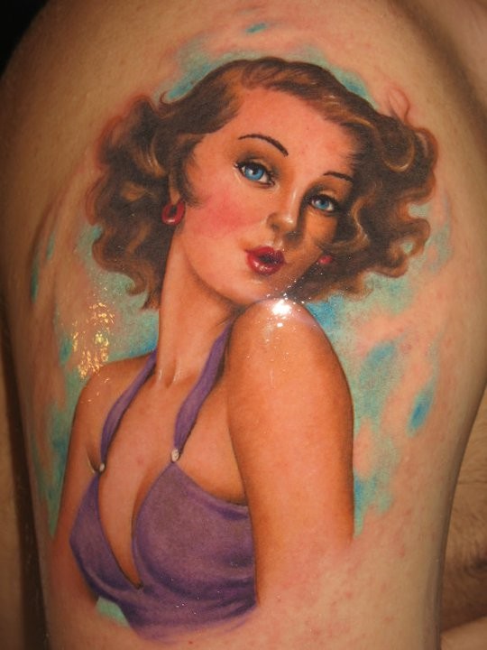 Vintage girl in purple dress pin up tattoo by Riccardo Cassese