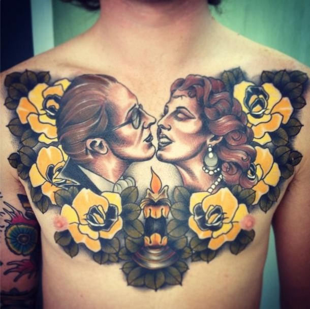 Vintage picture style colored chest tattoo of happy couple with flowers and candle