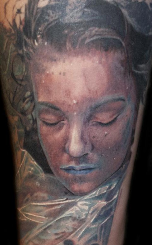 Vintage picture style colored drowned woman face tattoo