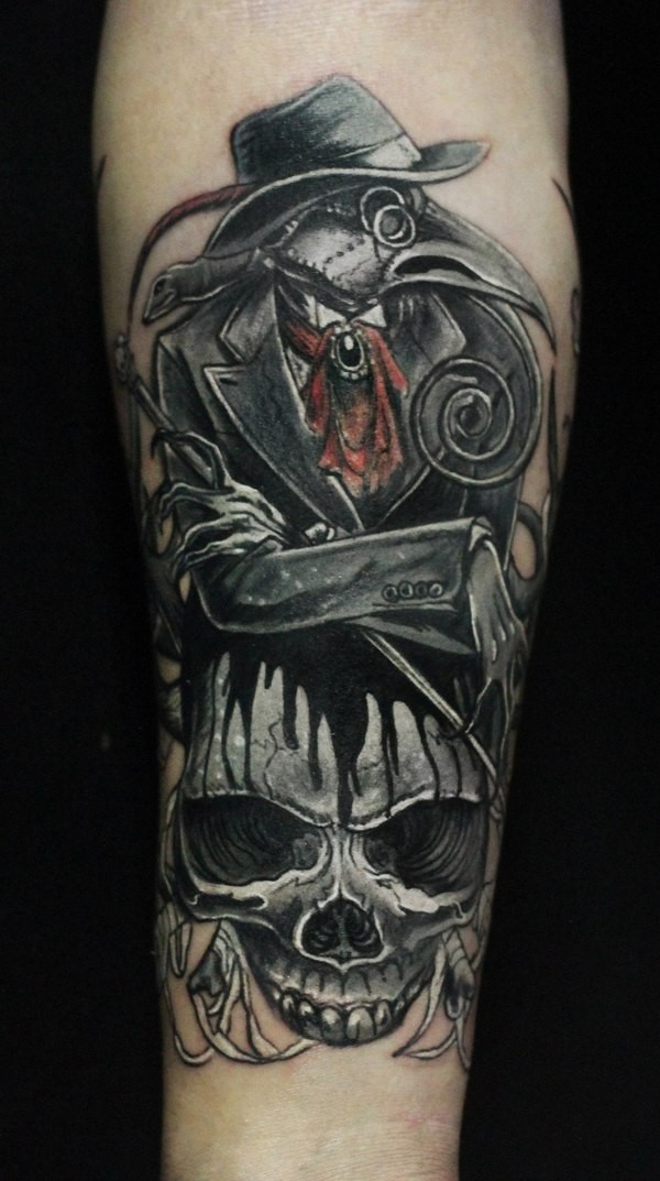 Vintage picture style colored forearm tattoo of plague doctor with big skull