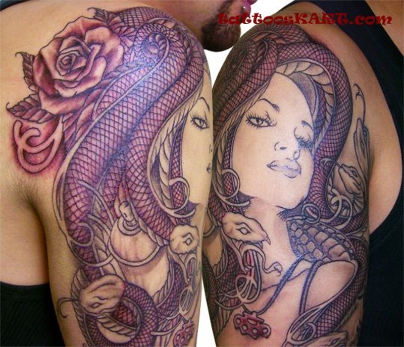 Vintage picture style colored sexy Medusa portrait tattoo on shoulder with snakes