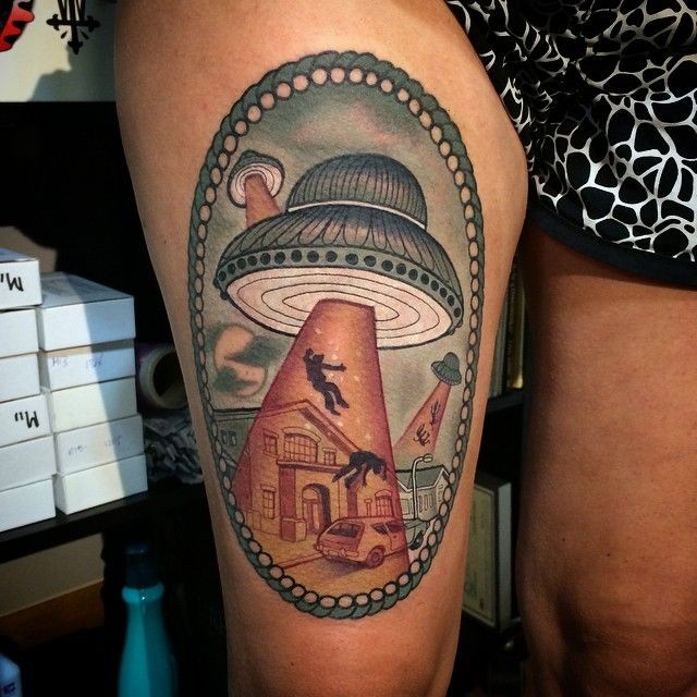 Vintage picture style colored thigh tattoo of alien ship stealing humans