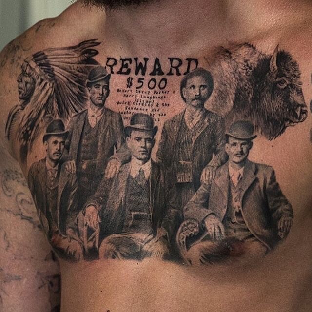 Vintage picture style detailed chest tattoo of big family with lettering and Indian
