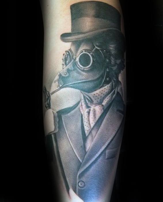 Vintage portrait like detailed tattoo of plague doctor with nice suit