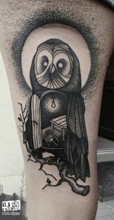 Vintage stippling style black ink thigh tattoo of interesting owl shaped house