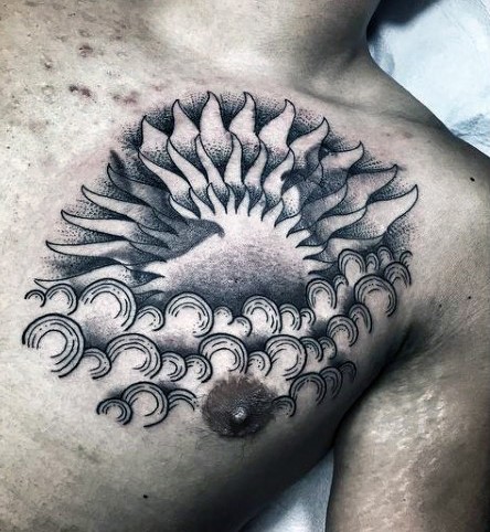 Vintage stye black ink chest stat tattoo of sun and clouds