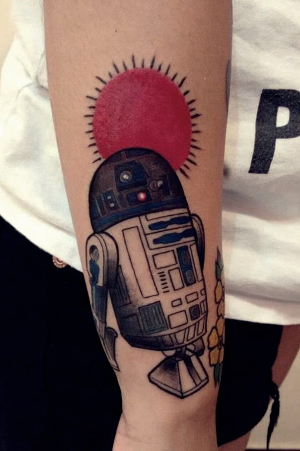 Vintage style big colored forearm tattoo of R2D2 with sun tattoo