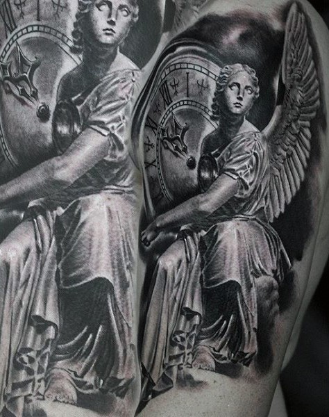 Vintage style black and white angel statue tattoo on shoulder with antic clock