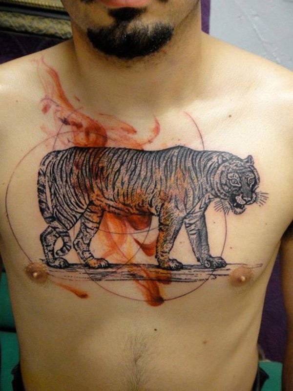 Vintage Stil schwarzes und weißes Brust Tattoo mit großem Tiger
