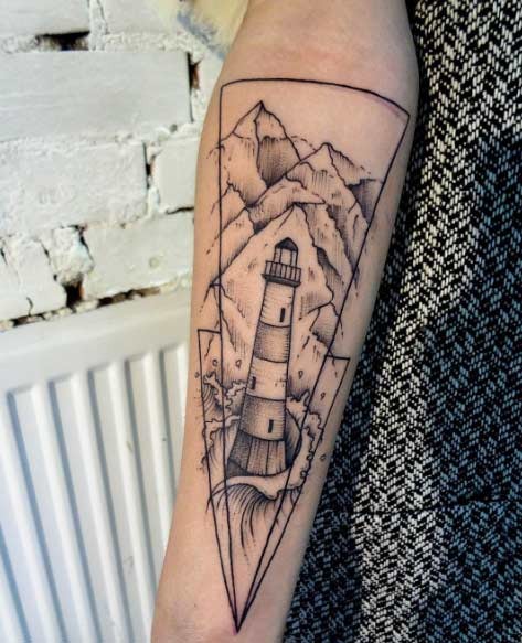 Vintage style black ink little lighthouse tattoo on forearm with geometrical figures