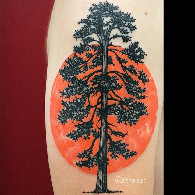 Vintage style black ink lonely big tree tattoo combined with orange sun